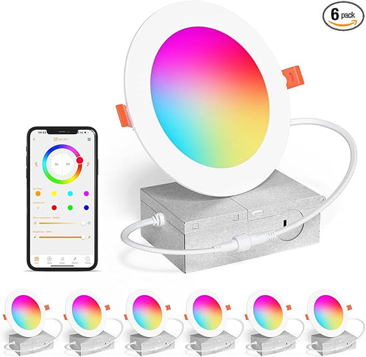 SikSog Smart Recessed Lighting 4 Inch RGBCW Color Changing 12W LED Downlight with Junction Box,1080 Lumen Recessed Ceiling Light Compatible with Alexa,Dimmable by Bluetooth Control -6Pack