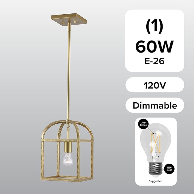 Asher Hamilton AHP-208AG Montclair 7.87 Inch Pendant Light | Adjustable 11.81 to 50.51 Inch Height | E26 Medium Base | Dry Rated for Indoor Use Only | Antique Gold Finish