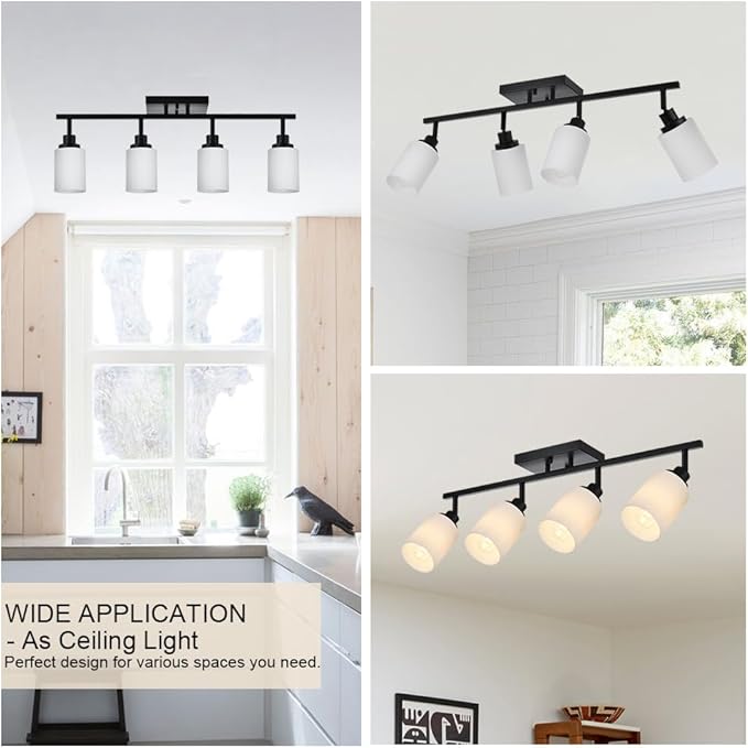 TODOLUZ Adjustable Ceiling Spotlight in Black, 4-Lights Kitchen Island Light Fixtures Ceiling Wall Mount, Track Lighting Kit with Opal White Glass Hallway Dining Room