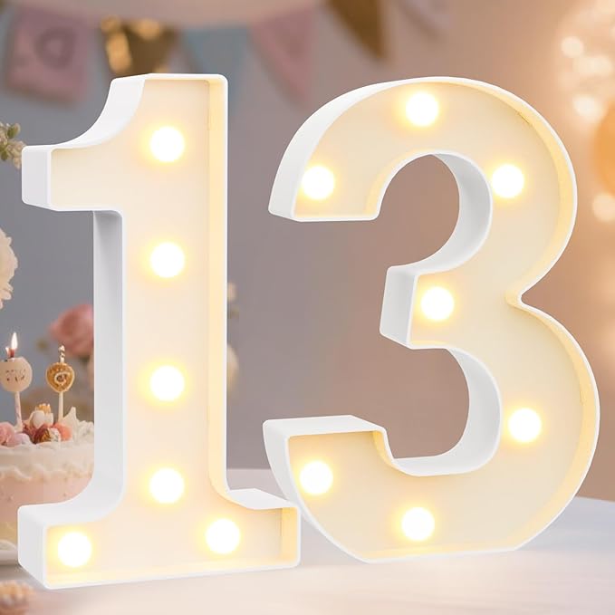Pooqla 13th Birthday Decorations for Girls Boys, Light Up Number 13 for Party Table Decorations, 13th Birthday Gift for Girls, Backdrop Wall Decor for 13th Wedding Anniversary Decoration