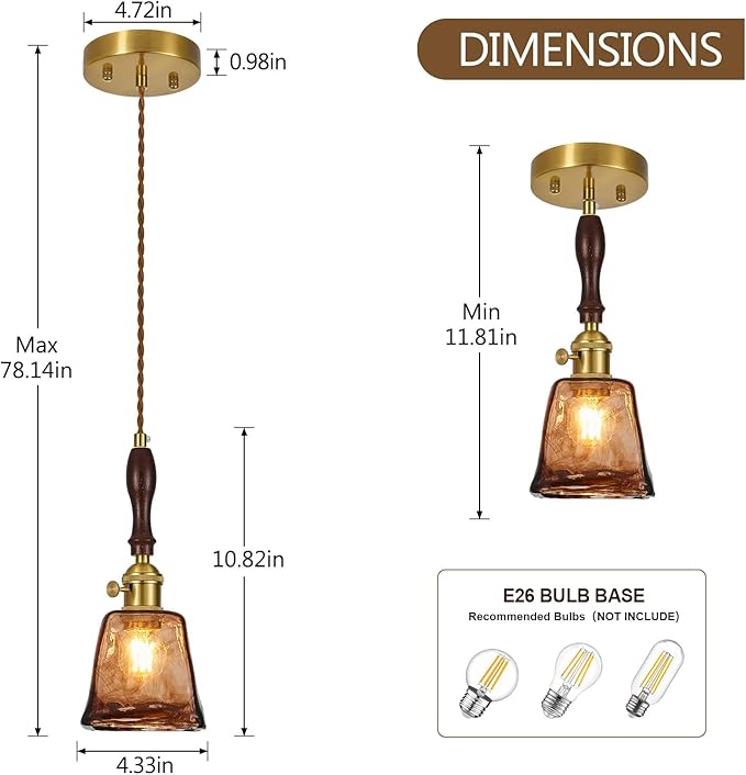 Amber Glass Vintage Pendant Light Height Adjustable Handmade Glass Pendant Lights Kitchen Island Gold Hanging Light Fixture with Wood Handle for Bedroom Dining Room Hotel (3 Pack)