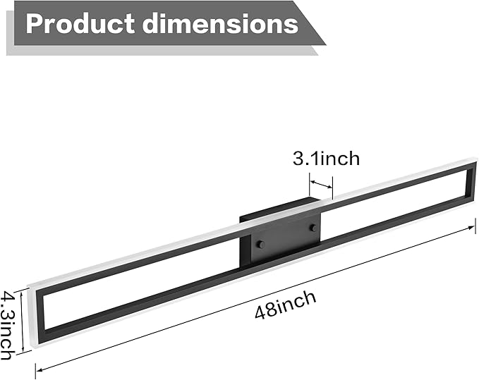 ZUZITO LED Bathroom Light Fixtures - Dimmable 48 Inch Vanity Light Black - Modern Bathroom Light Bar Over Mirror 6000K