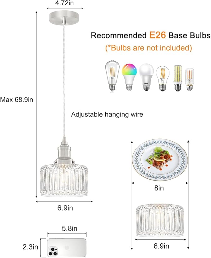 Brushed Nickel Pendant Lights Kitchen Island, Vintage Pendant Light Clear Striped Glass Lmapshade, Rustic Kitchen Pendant Lighting Over Island, Adjustable Hanging Light for Dining Room Hallway