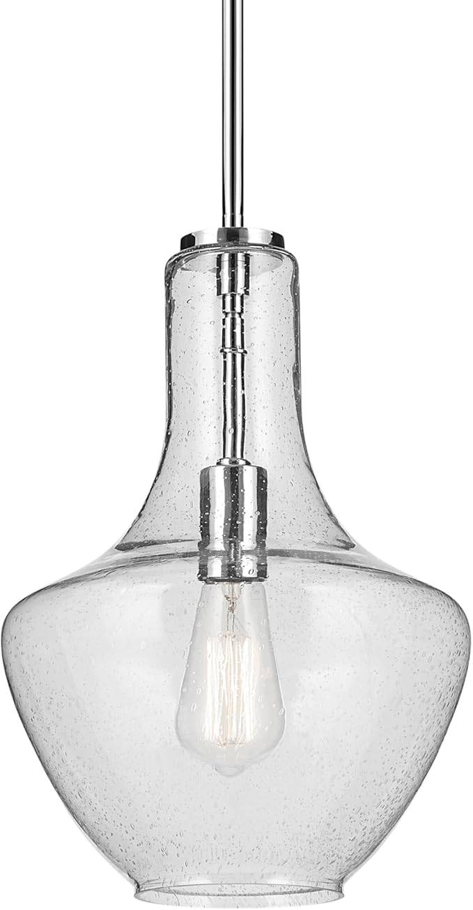 Everly 15.25" 1-Light Bell Pendant with Clear Seeded Glass in Chrome, for a Kitchen Island, Dining Nook, or Home Bar, (15.25" x 10.5") 42141CHCS