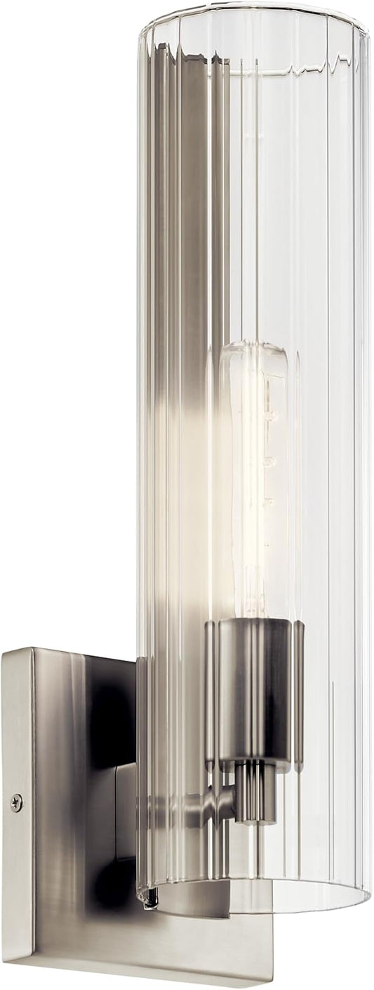 Kichler Jemsa 1 Light Wall Sconce, Modern Light with Clear Fluted Glass in Brushed Nickel for Bathroom, Powder Room, Sides of Fireplace, Down a Hallway, Kitchen, or Bedroom (14" x 4.75"), 55165NI
