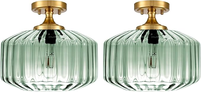 Vintage Thickened Glass Flush Mount Ceiling Light - 2 Pack Mint Green Semi Flush Mount Light Fixture Gold Chandelier Closet Light for Cottage Porch Corridor Bedroom
