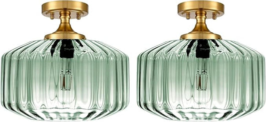 Vintage Thickened Glass Flush Mount Ceiling Light - 2 Pack Mint Green Semi Flush Mount Light Fixture Gold Chandelier Closet Light for Cottage Porch Corridor Bedroom