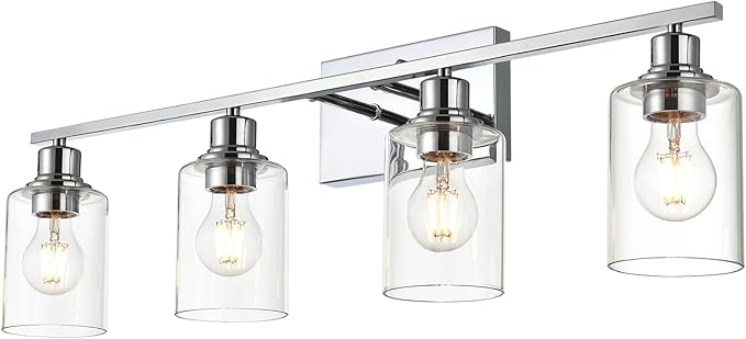 VINLUZ Vanity Light Fixtures,4-Light Indoor Modern Chrome Finish Bathroom Lighting Over Mirror with Clear Glass Shade Metal Base Wall Mounted Lamp for Vanity Table, Living Room