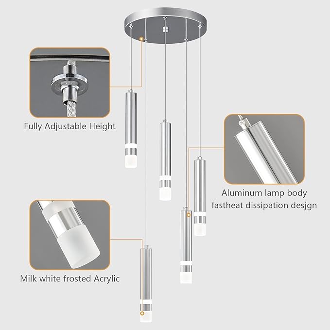 5-Light Modern Pendant Light Kitchen Island Light Fixture Dimmable LED Chrome Mini Pendant Lights Dinning Room Kitchen Chrome Pendant Lighting