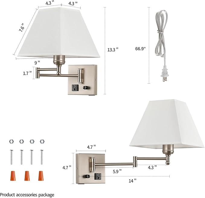 Plug in Wall Light,Swing Arm Wall Sconces with USB Port and Outlet,Wall Lamp with White Fabric Shade Dimmable Switch for Bedroom, Living Room , Office Nickel