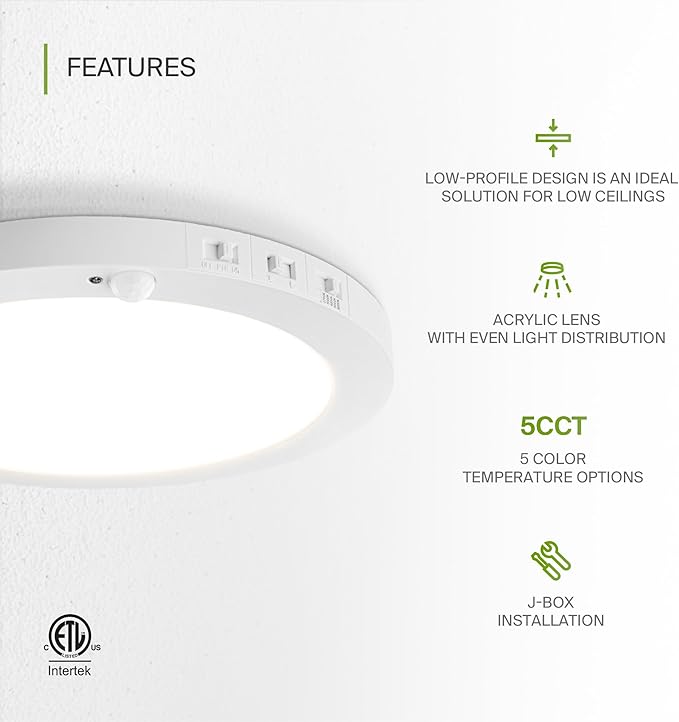 ASD LED 12" Round Flush Mount Ceiling Light Fixture, Low Profile Surface Lighting | 5CCT, Motion Sensored, Ultra-Thin, ETL Listed | 24W 1700LM 2700-6000K 120V | Kitchen, Hallway Lamp | White, 12 Pack