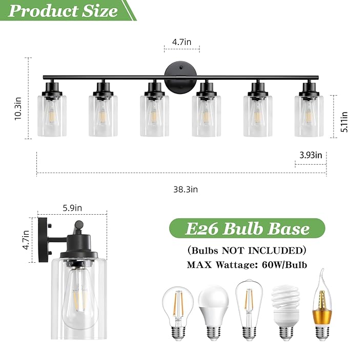 6-Light E26 Black Bathroom Vanity Lights, Modern Bathroom Light Fixtures with Clear Glass Shade, Wall Lamps for Mirror Hallway Kitchen Cabinet Living Room Sconces Lights