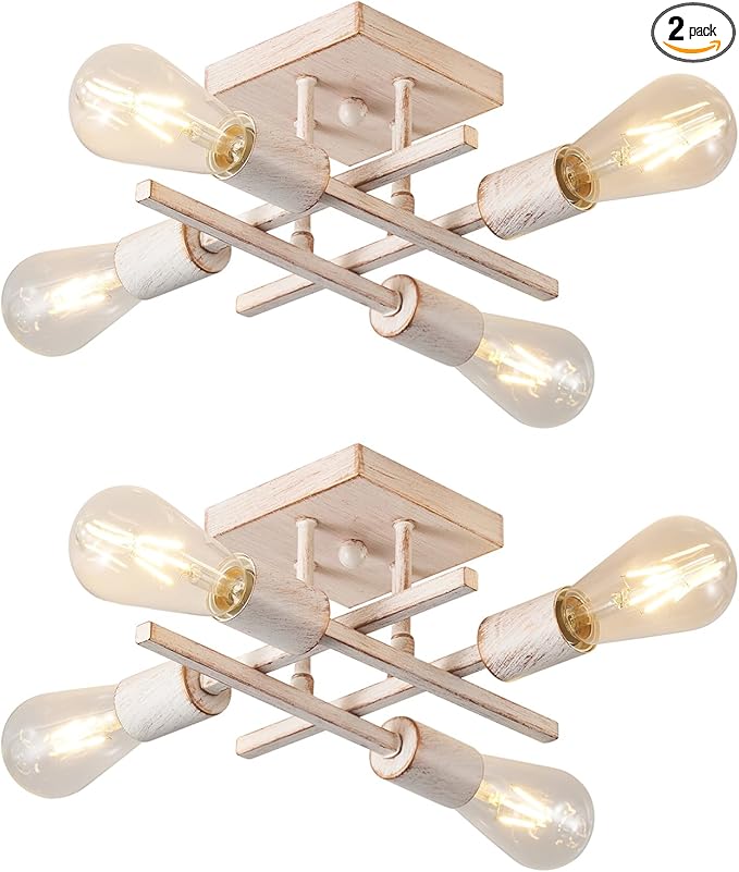 Industrial 4-Light Semi Flush Mount Ceiling Light Fixture, 2 Pack Modern White Gold Chandelier Lighting, Farmhouse Sputnik Ceiling Lamp, E26 Base Pendant Lamps