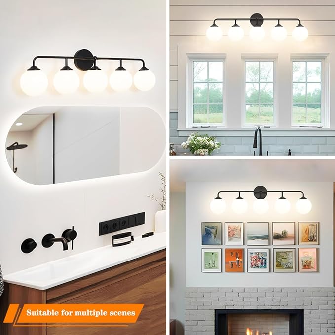 Modern Matte Black 5-Lights Bathroom Vanity Light, Lighting Fixtures Over Mirror with Milky White Glass Ball Shades, Wall Sconces for Bathroom Dressing Table Bedroom