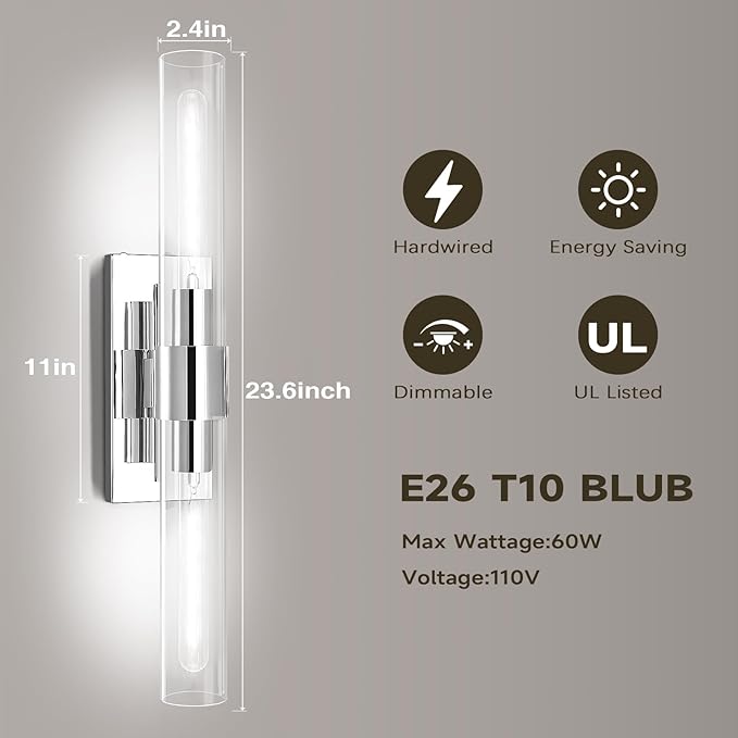Nickle Wall Sconce, 22.8" Vanity Lights for Bathroom, Sconces Wall Lighting 2-Light, Modern Wall Lamps for Bedroom Living Room Bathroom Hallway