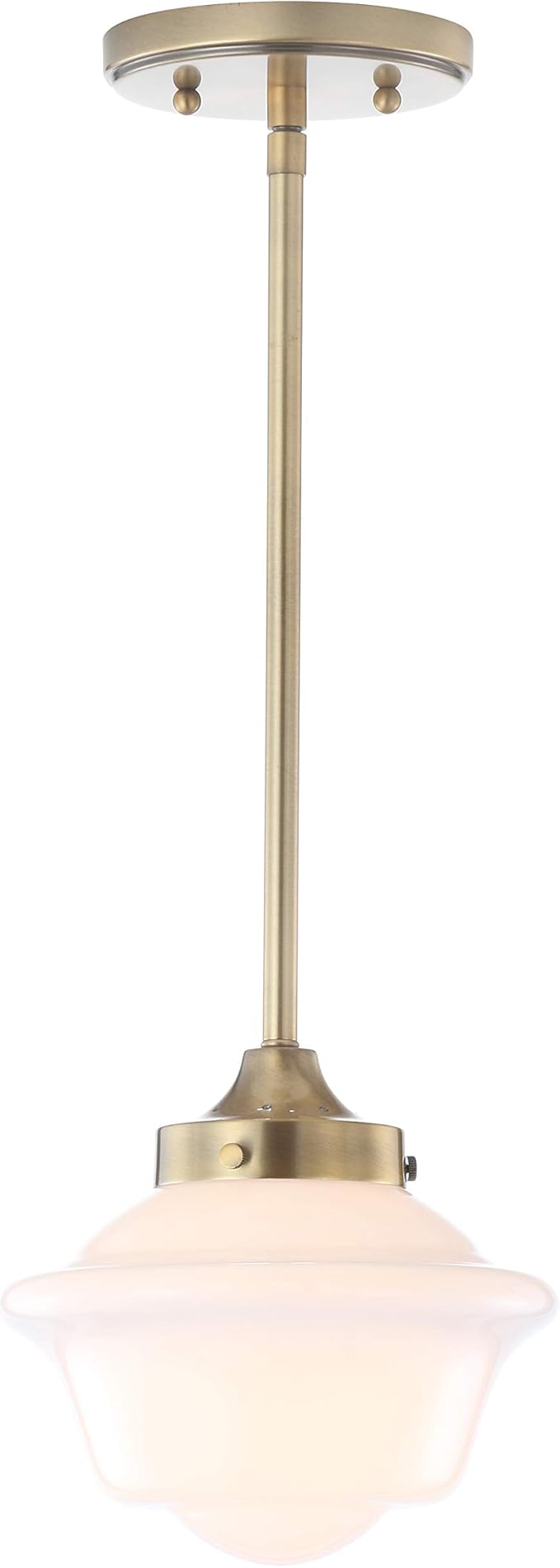 JONATHAN Y 7.2" Brass Gold Modern Schoolhouse LED Pendant Light Fixture, Adjustable Drop Metal Hanging Lamp with White Glass Shade for Kitchen Island, Dining Room, Foyer JYL3516A