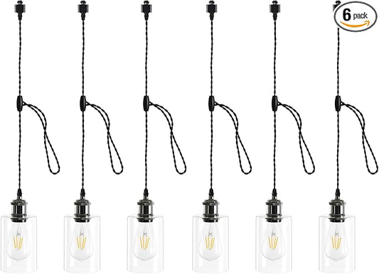 H Type Track Lighting Pendants with Glass, Cord Adjustable H Track Pendant Lights Fixtures with E26 Socket, Retro Vintage Style, Max Length 39.37in, Black 6 Pack (No Bulbs)