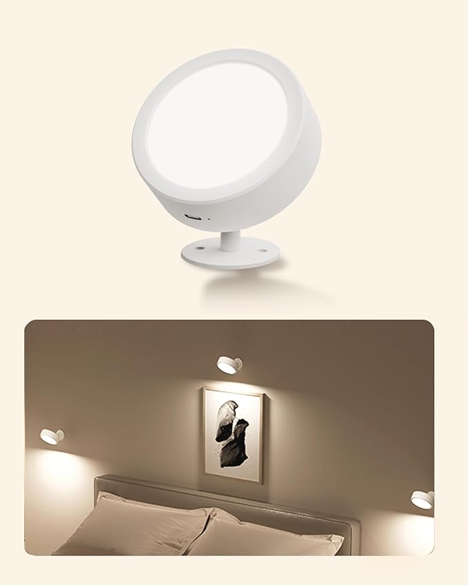 EZVALO LED Wall Mounted Lights, 5500mAh Rechargeable Wall Light Wall Sconces Lamp, 3 Color Temps & Remote and Touch Control, 360°Rotation Dimmable Cordless for Bedroom Reading Study Bedside (White)