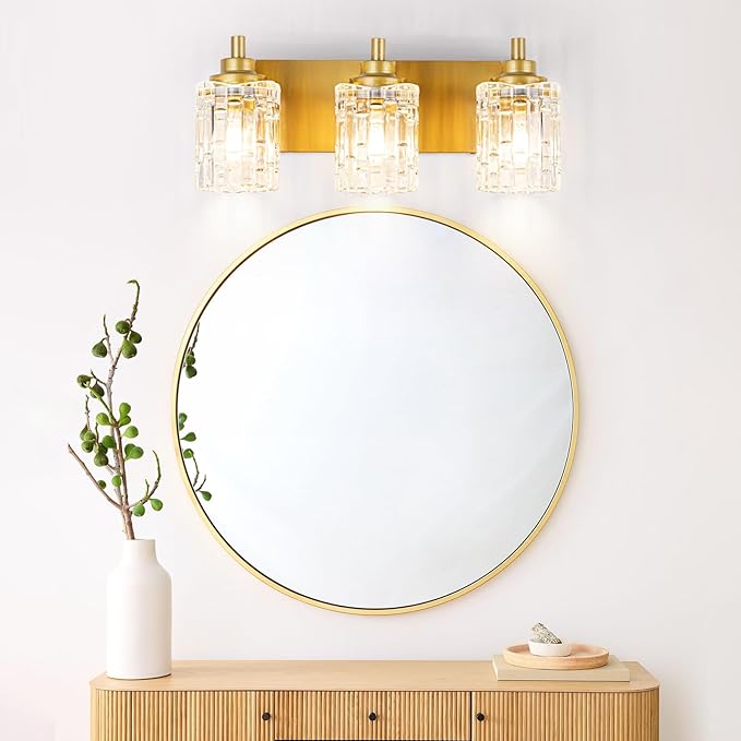Bathroom Light Fixtures, 3-Light Brushed Gold Vanity Light Over Mirror with Crystal Glass Shades, Bathroom Wall Lights for Mirror Kitchen Bedroom Hallway Living Room