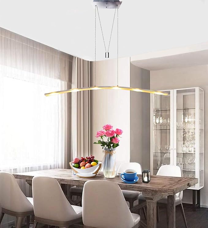 YIFONTIN LED Island Lights Adjustable Height Pendant Hanging Chandelier with Pulley System 27W Warm Lamp 47.5" Width for Kitchen Dining Study Room Restaurant Dorms Office, Brushed Aluminum.