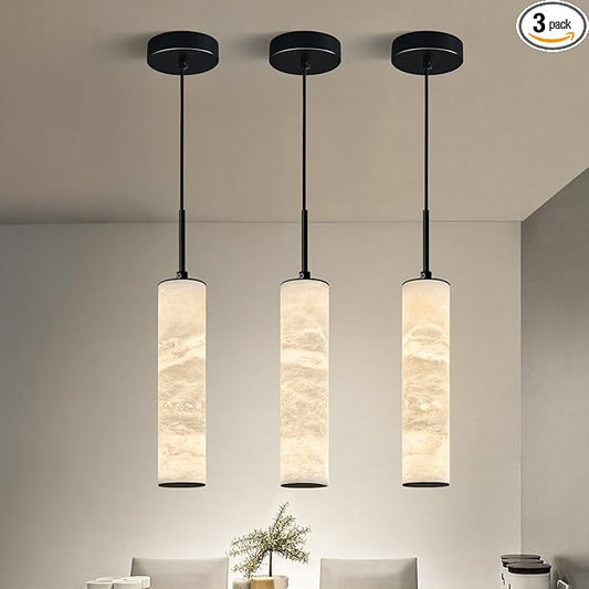 LMQNINE Natural Alabaster Pendant Lights 4000k Modern Black Ceiling Light White Marble Long Tube Chandelier for Kitchen Island Bedroom Dining Room Table Living Room (S-3Pack)