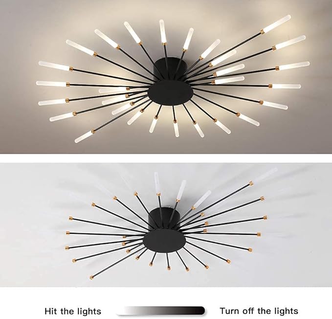 JAYMP 41.3" Ceiling Light Modern Flower Shape Ceiling Lamp for Dining Room Kitchen Hallway Flush Mount Metal Acrylic Sputnik Firework Petal LED Lighting Fixture (Matte Black, 28 Lights)