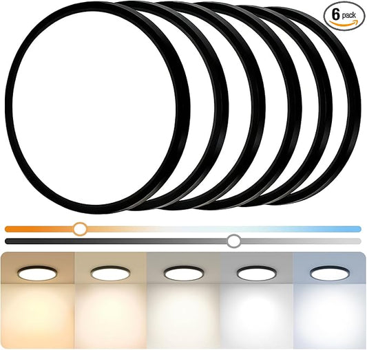 6Pack 12 Inch Slim Dimmable LED Flush Mount Ceiling Light Fixture, 24W=2640LM & 5CCT Selectable (2700K-6500K), Low Profile House Upgrade Led Light for Hallway, Porch & Closets, Black