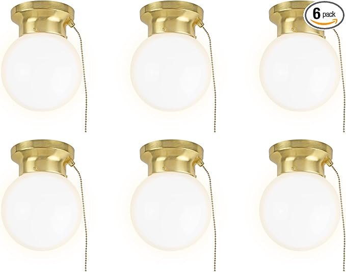 Ultralux 6" Utility LED Glass Flush Mount with Pull Chain - Globe Light Fixture - 500 Lumens 3000K Light Fixture for Closet, Pantry, Shed, Laundry Room - ETL-Certified (Brushed Gold, 6-Pack)