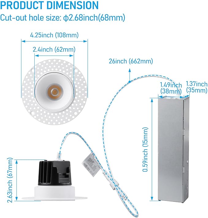 TORCHSTAR LED 2 Inch 13W 5CCT Recessed Lights with J-Box, Receessed Ceiling Light, Round Trimless Downlight, Dimmable, CRI 90, 2700-5000K Selectable, ETL, Pack of 4