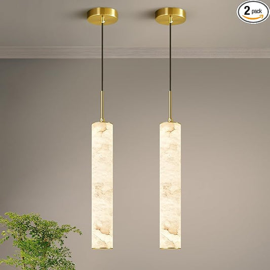 LMQNINE Natural Alabaster Pendant Lights for Kitchen Island White Marble Long Tube Chandelier 4000K Modern Gold Ceiling Light Fixtures for Bedroom Dining Room Table Living Room Hallway(M-2Pack)
