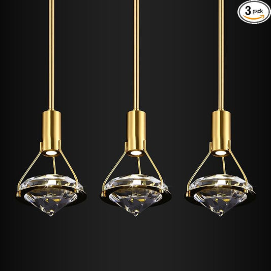 Modern Crystal Pendant Light, LED Mini Hanging Light Fixture for Dining Room, 3 Pack Diamond Crystal Chandelier, Height Adjustable Pendants Lamp, Gold Ceiling Pendant Light for Kitchen Island Bedroom