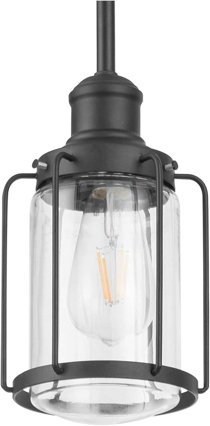 Prominence Home Lincoln Woods 1 Light Matte Black Industrial Pendant Light with Cage and Clear Glass - 51546-01