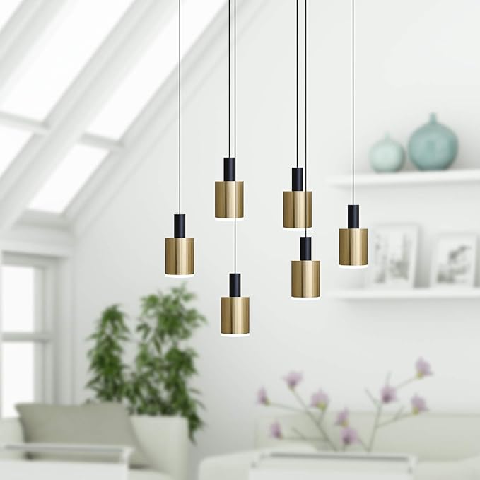 Virgo 6 Mini Pendant Lighting Black-Brass - LED Hanging Light Fixture for Kitchen Island, Bar, Foyer - Cluster Pendants - Dimmable, Adjustable Wire, Lamp Bulb Included