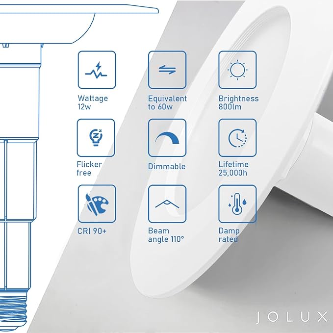 Jolux 4-Pack 5/6" Retrofit LED Recessed Lighting,12W=60W,3000K WarmWhite,800LM,Dimmable Can Lights,ETL,Damp Rated,Simple Installation Adjustable Retrofit Downlight,Bevel Trim,E26 Base