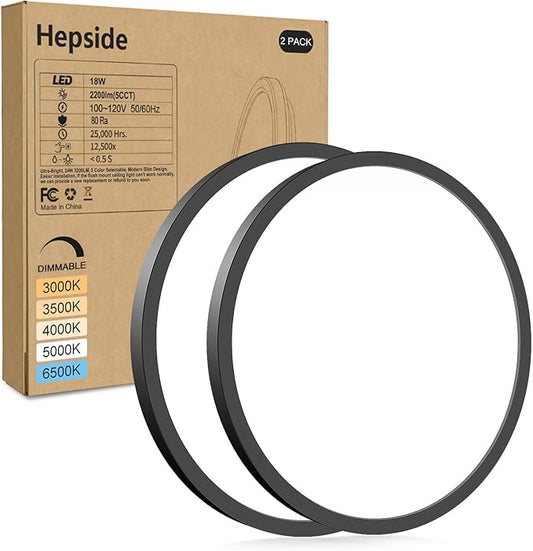 hepside 2Pack LED Flush Mount Ceiling Light Fixture, 9Inch 18W, Dimmable&3000K/3500K/4000K/5000K/6500K Adjustable Low Profile Ceiling Lights, Round Flat Ceiling Light for Closet,Kitchen,Hallway-Black