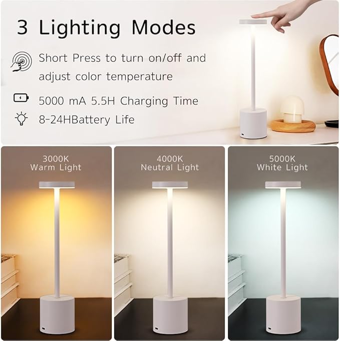 Cordless Table Lamp Set of 2, 5000mAh Rechargeable Battery Powered LED Table Light, Portable Touch Dimming Outdoor Table Lamps,3 Color Light for Restaurant,Patio,Bedroom,Camping,Cofee (White)