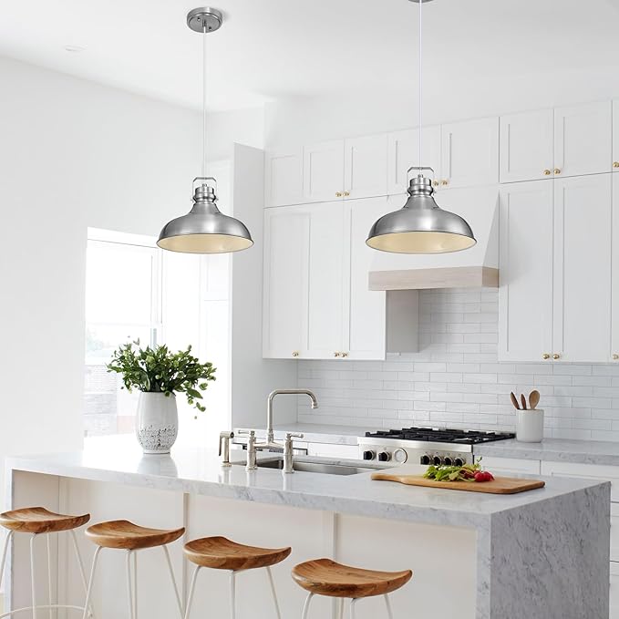 Brushed Nickel Farmhouse Pendant Lights Matte Pendant Lighting for Kitchen Island Industrial Adjustable Height Vintage Dome Hanging Light Fixtures for Barn, Dining Room 3 Packs