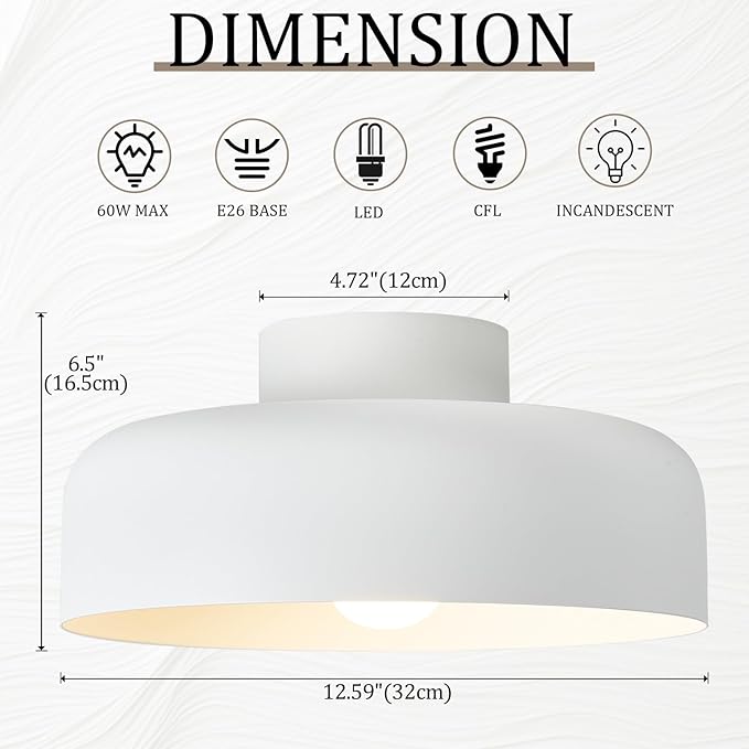 Modern Semi Flush Mount Ceiling Light with Natural Hickory Wood, 12.6" Matte White Light Fixture for Entryway, Hallway, Kitchen, E26 Base