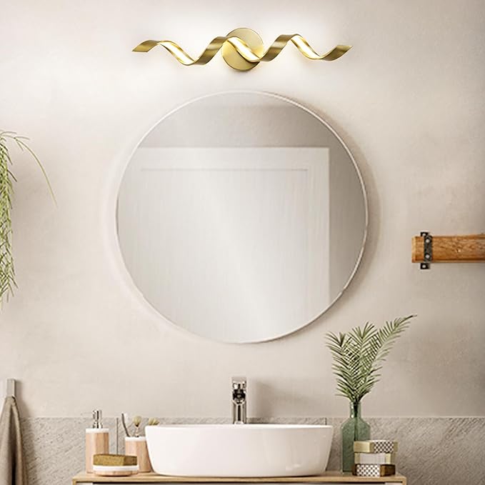 LED Modern Bathroom Vanity Light Fixtures, 24 inch Gold Wall Lamp Bedroom 4000K, Spiral Design Wall Sconce for Mirror, Living Room, Bedroom, Hallway 15W