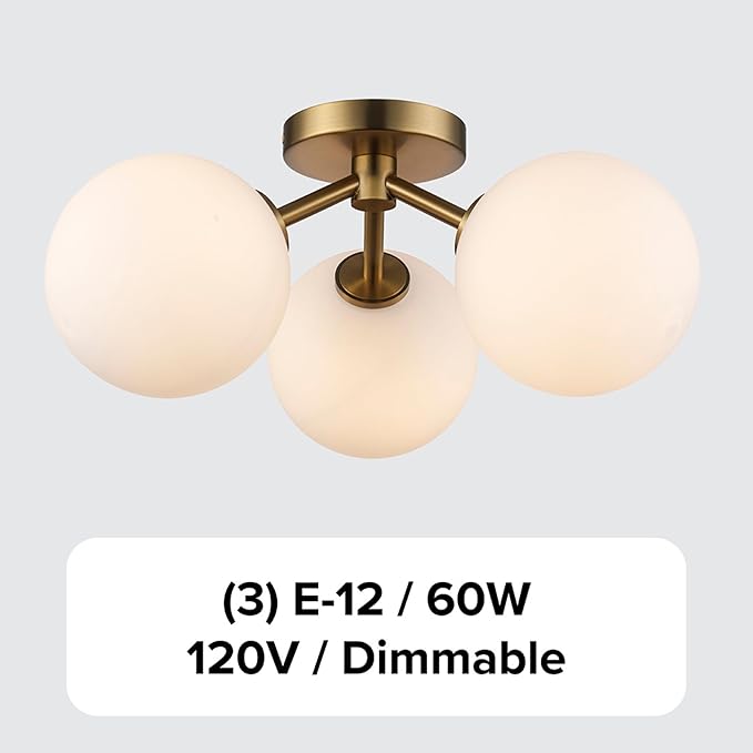 Prismara 16 Inch 3-Light Ceiling Light | Antique Gold Finish with Opal Glass Shades | Uses 3 E-12 Candelabra Base Dimmable Bulbs | Modern Flush Mount Light (Gold)