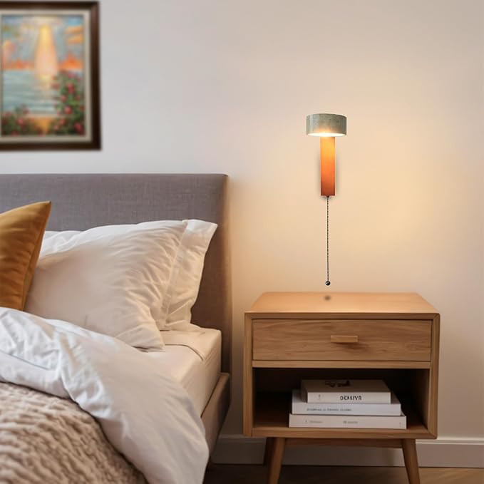 LED Wood Wall Sconce with Pull Chain Switch, Black Walnut Base with Rotatable Yellow Travertine Stone Lampshade, Built-in LED Light, Modern Rustic Bedside Wall Light for Bedroom, Living Room, Hallway