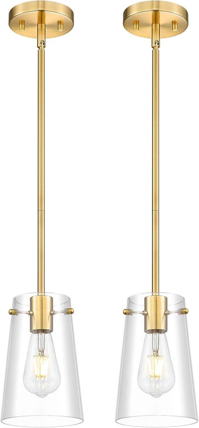 Beionxii Pendant Lights Kitchen Island 2 Pack, Brushed Gold Modern Kitchen Pendant Lighting Over Island, Hanging Lights with Clear Glass for Sink, Dining Room, Entryway, BX-PL03BG-2CG