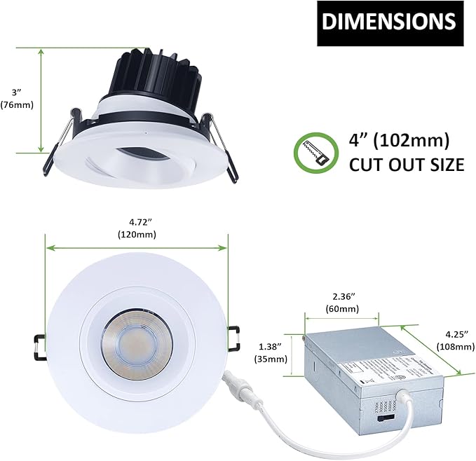 POPANU Canless Recessed Gimbal Downlight - Suitable for 20ft High Ceiling 1200lm 4 Inch 15W LED Rotatable Eyeball Spotlight, 5CCT Dimmable Lights with Junction Box, Anti-Glare White 4 Pack