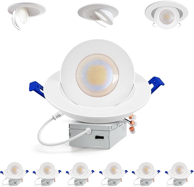 Adetu 5CCT Gimbal Led Recessed Lighting 6 inch, 360°+90° Adjustable Directional 6 inch Led Recessed Light, 2700K-5000K Dimmable Eyeball Canless Downlight with Jbox, ET (White, 6 Pack)