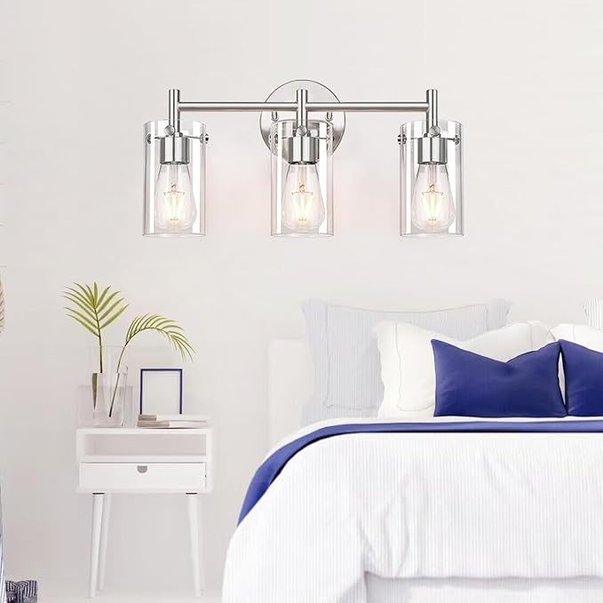 Indoi 3-Light Brushed Nickel Bathroom Vanity Light Fixtures, Clear Glass Shade Wall Sconces for Mirror, Bedroom, Living Room, Hallway