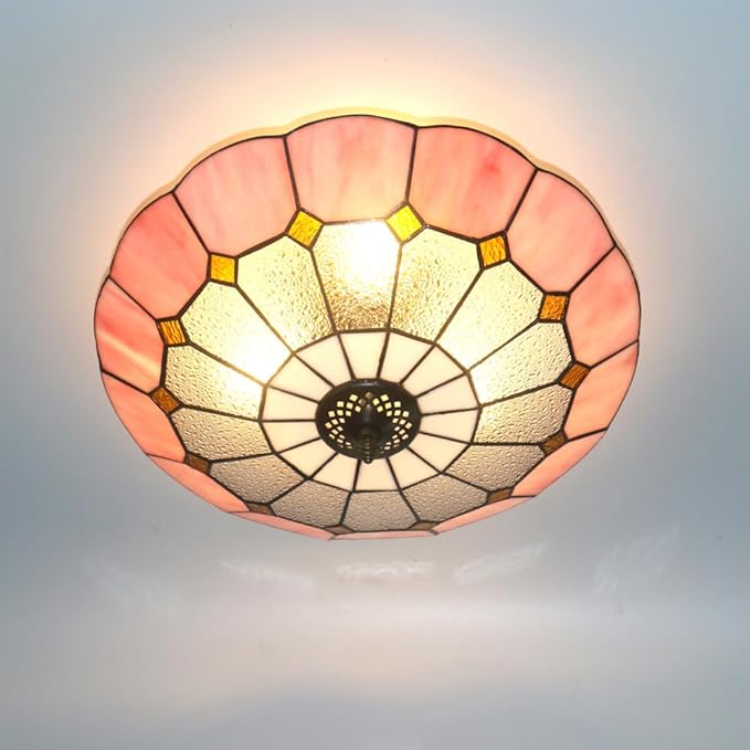 Tiffany Style Ceiling Light 16 Inch 3-Lights Vintage Pendent Stained Glass Flush Mount Ceiling Light Chandelier Lighting Fixtures for Bedroom Dining Room Living Room (Pink 16 Inch)