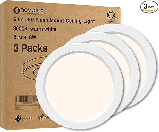 Flush Mount Ceiling Light Fixture - ETL Certified - 5 Inch Dimmable 3000K Warm White LED, 0.63'' Ultra Thin Round Design for Bedroom, Bathroom, Kitchen, Hallway, Basement, Closet (3-Pack)‌