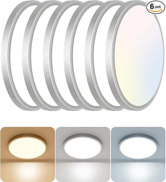 libtit 12 inch Flush Mount LED Ceiling Light Fixture, 3000K 4000K 6500K Adjustable, 28W 3200lm Brushed Nickel Satin Round Lighting Fixtures for Bathroom Shower Hallway Kitchen, 6 Pack