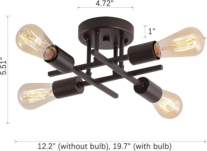 4-Light Semi Flush Mount Ceiling Light Fixtures, Black Mid-Century Modern Industrial Farmhouse Metal Chandelier Lighting Fixtures for Entryway Hallway Bedroom Kitchen Dining Room UL Listed