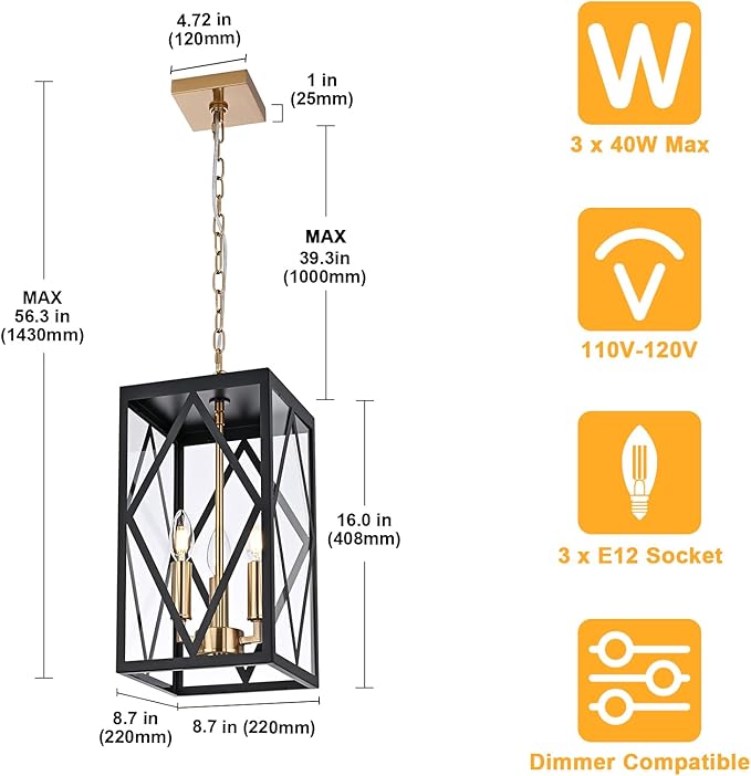 3-Light Outdoor Pendant Lights for Porch 15.7'' Outdoor Chandelier Black & Brushed Brass Exterior Hanging Porch Light Fixtures w/Clear Glass, Waterproof Outside Pendant Lantern for Front Door